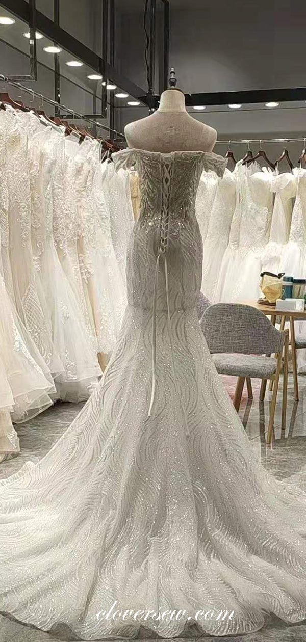 Shiny Sequined Tulle Lace Applique Off The Shoulder Mermaid Wedding Dresses,CW0086