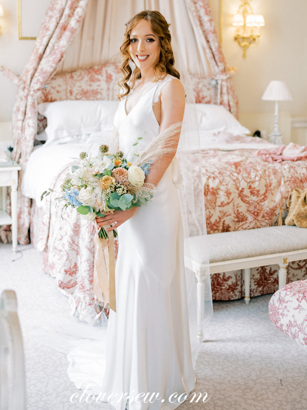 Silk Satin Lace Off White Sheath Sleevess Simple Wedding Dresses, CW03 clover sew Silk Satin Lace Off White Sheath Sleevess Simple Wedding Dresses, CW03 clover sew