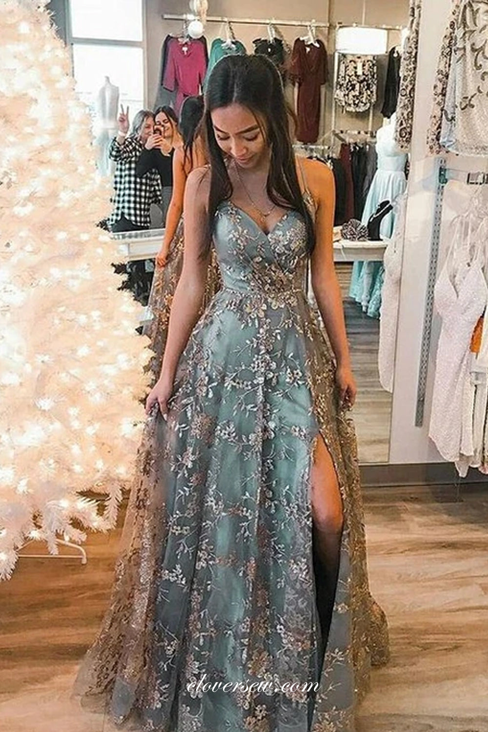 Silver Grey Lace Spaghetti Strap A-line With Slit Prom Dresses, CP0753