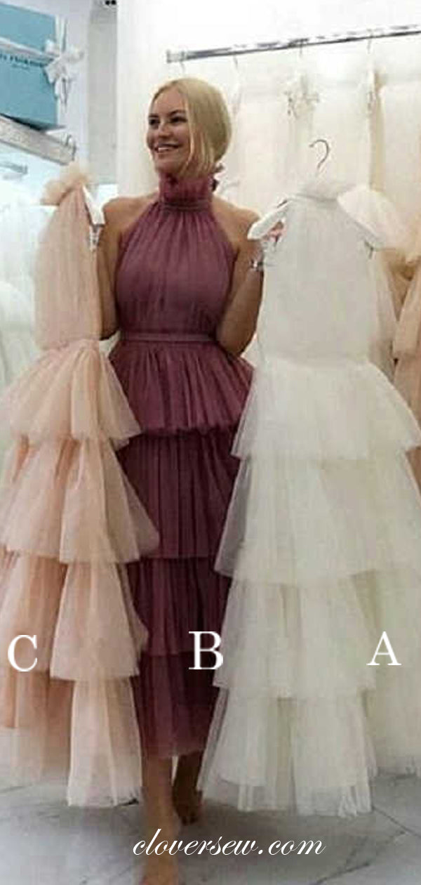Simple Tulle Halter Tiered A-line Ankle Length Prom Dresses, CP0503