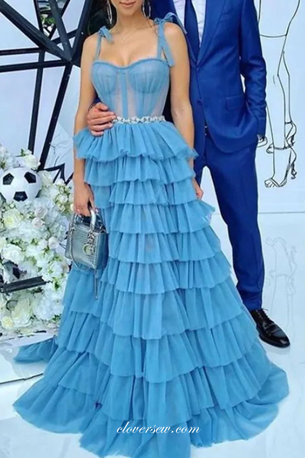Sky Blue Tulle Sleeveless Tiered A-line Prom Dresses, CP0726