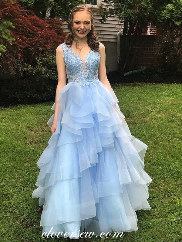 sky blue organza dress Light Blue Organza A Line Long Prom Dresses