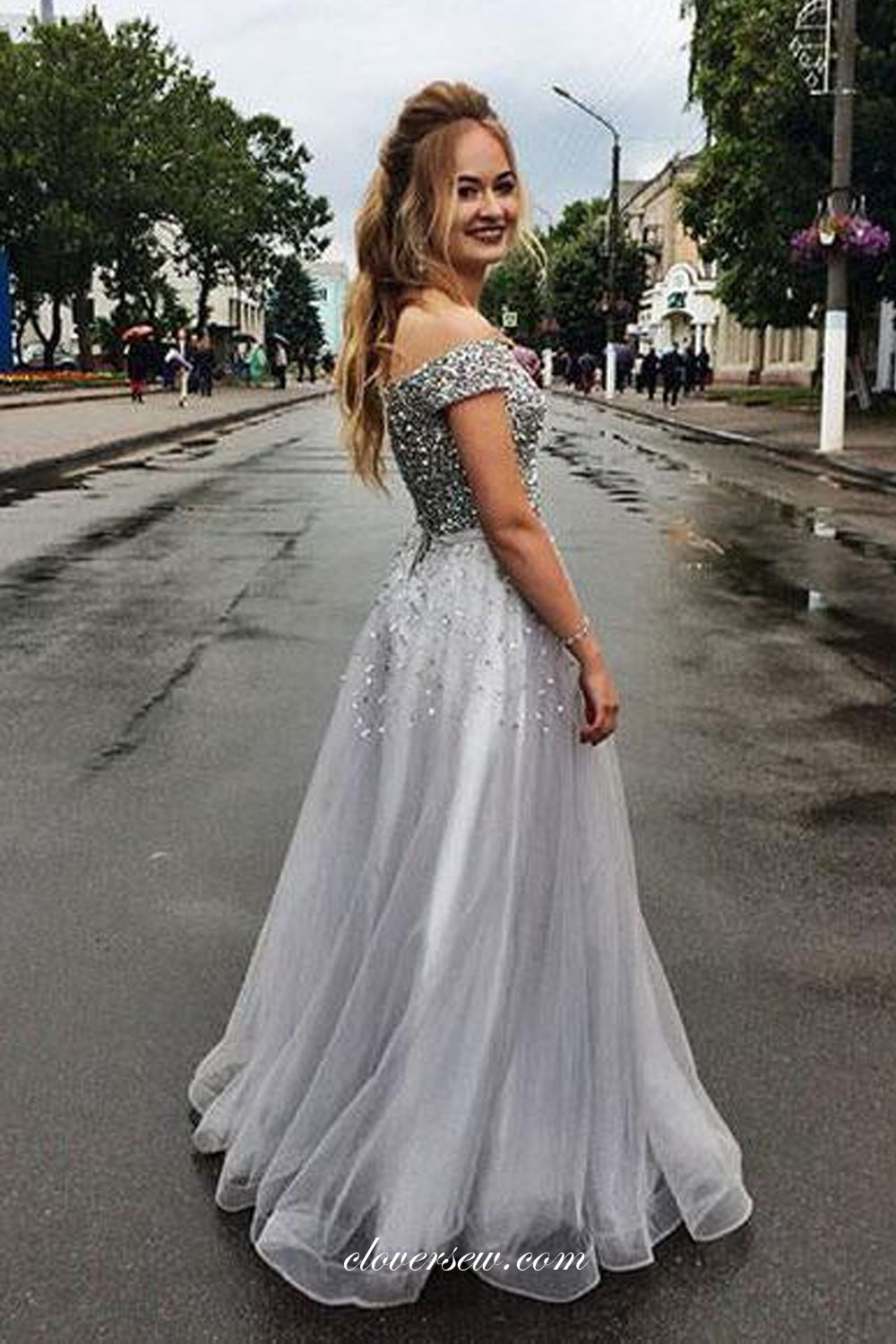 Sliver Bead Sequin Off The Shoulder Grey Tulle Prom Dresses, CP0830