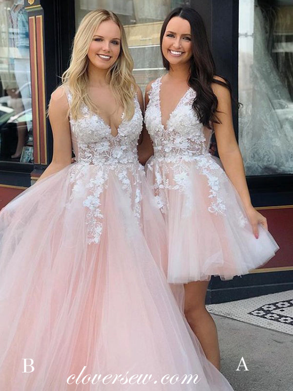 Soft Pink Applique Tulle V-Neck Sleeveless A-Line Prom Dresses, CP0545 US0 / As Pic / B Soft Pink Applique Tulle V-Neck Sleeveless A-Line Prom Dresses, CP0545 US0 / As Pic / B