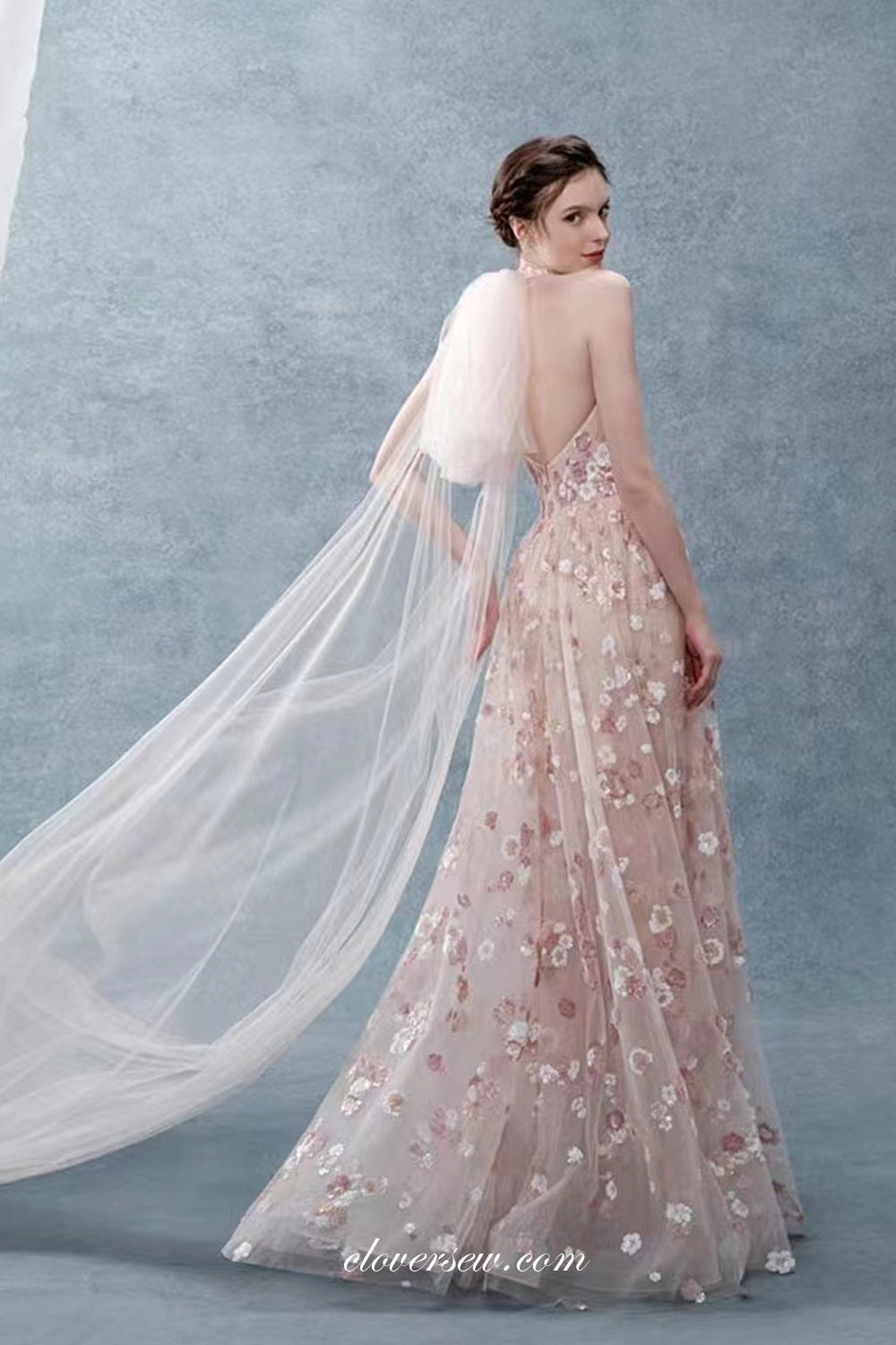 Soft Pink Handmade Flowers Tulle Halter Backless Spring Prom Dresses, CP0977