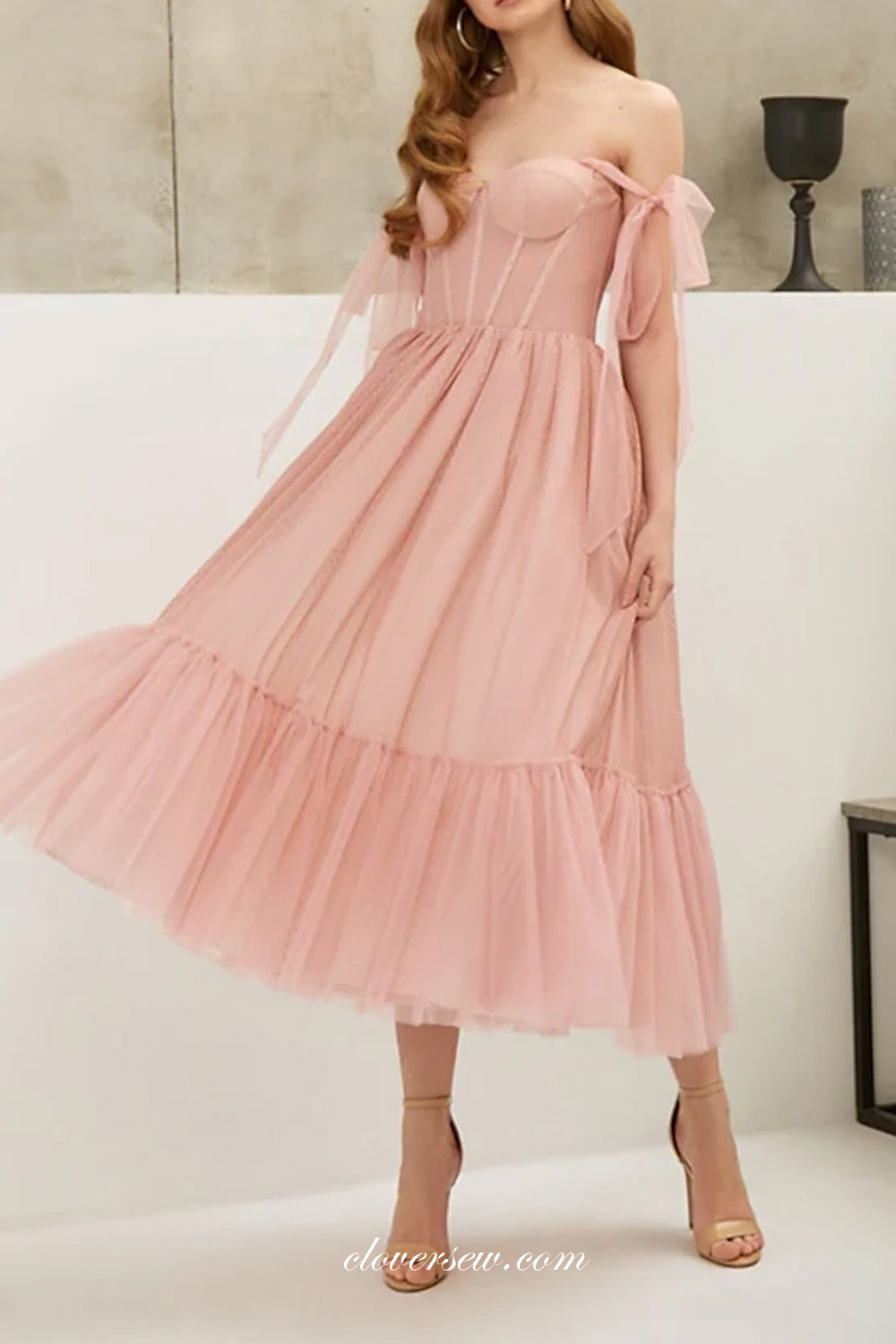 Soft Pink Tulle Sweetheart Convertible Strap Knee Length Homecoming Dresses, CH0035