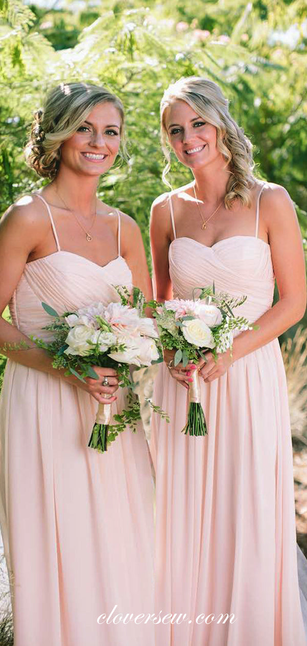 Soft Pink Chiffon Spaghetti Strap A-line long Bridesmaid Dresses, CB0039
