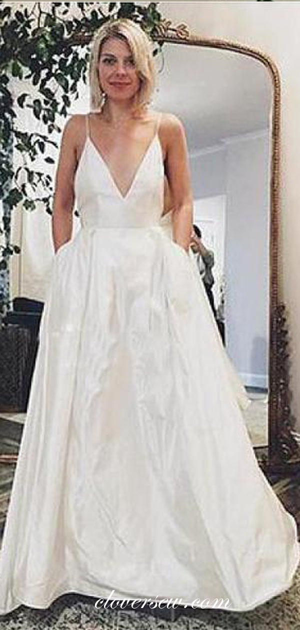 Spaghetti Starp V-neck A-line Satin Backless Wedding Dresses,CW0123