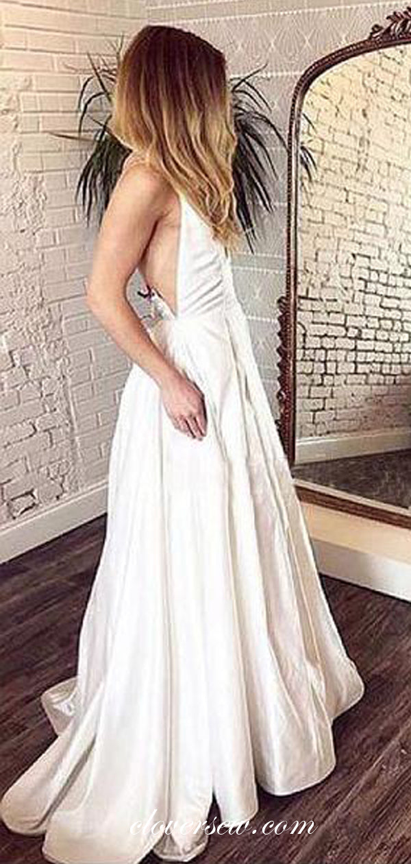 Spaghetti Starp V-neck A-line Satin Backless Wedding Dresses,CW0123