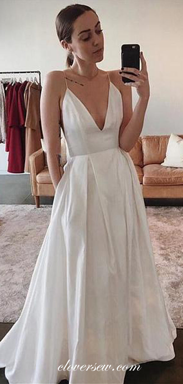 Spaghetti Starp V-neck A-line Satin Backless Wedding Dresses,CW0123