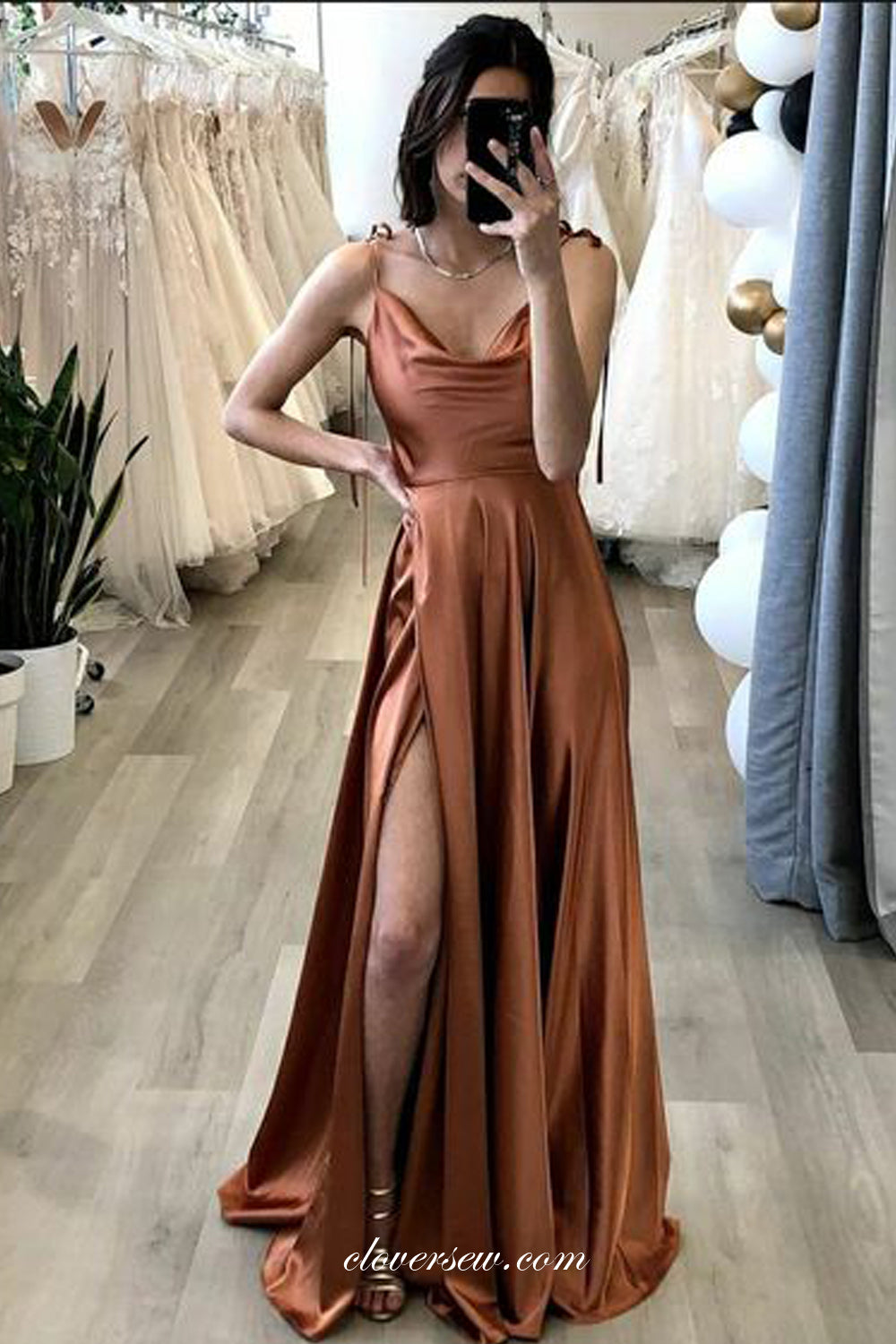 Spaghetti Strap Fashion Elastic Satin Side Slit Prom Dresses, CP0853