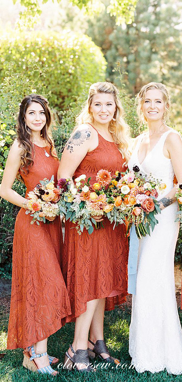 Spaghetti Strap Orange Lace High Low Bridesmaid Dresses, CB0214