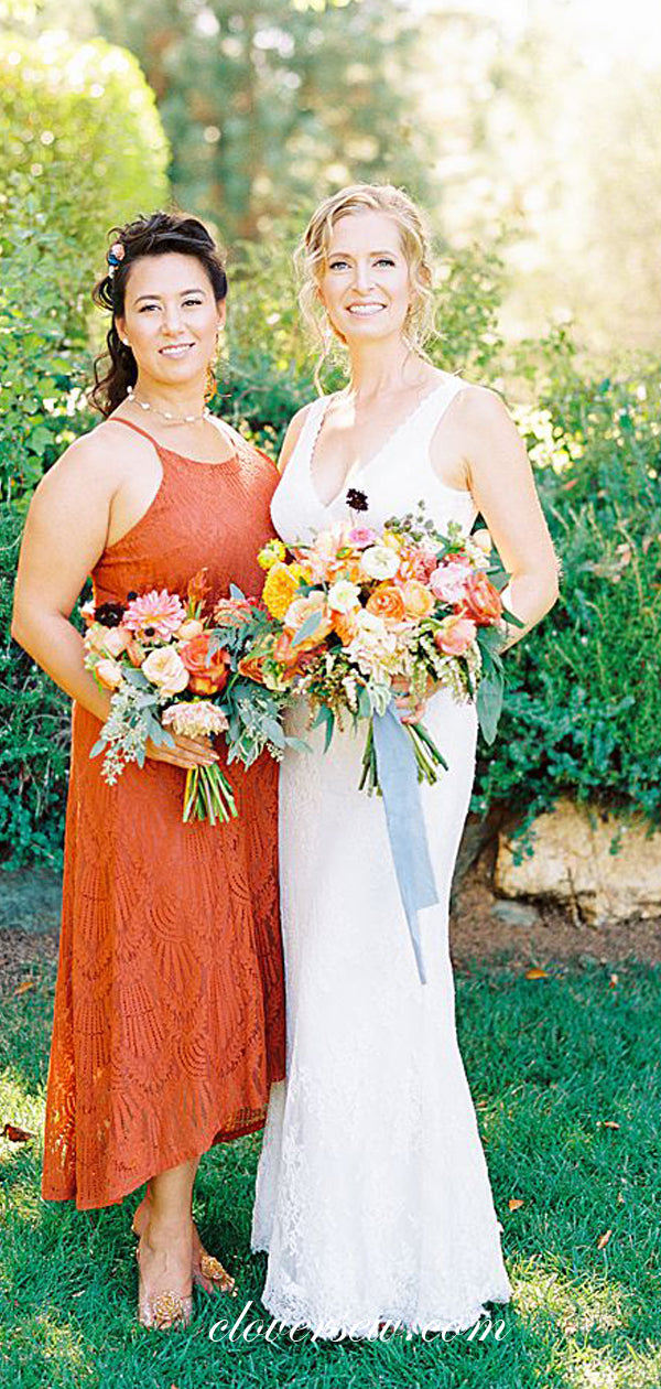 Spaghetti Strap Orange Lace High Low Bridesmaid Dresses, CB0214