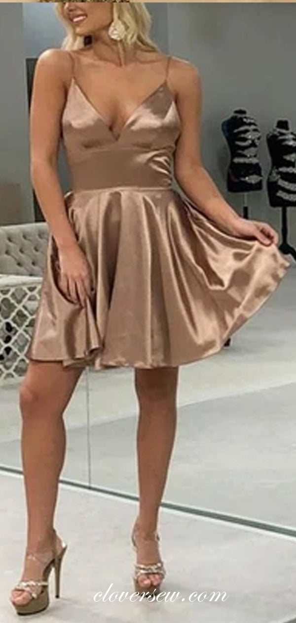 Spaghetti Strap V-neck A-line Satin Short Homecoming Dresses, CH0003