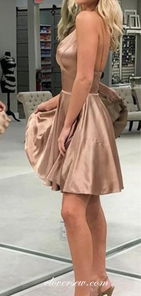 Spaghetti Strap V-neck A-line Satin Short Homecoming Dresses, CH0003