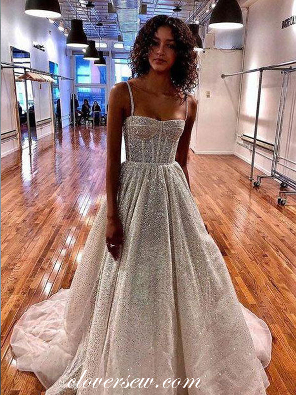 silver spaghetti strap prom dress Long Silver Prom Dresses Spaghetti Straps V-Neck Pleated Open Back Stretch Satin Prom Dress With Slit