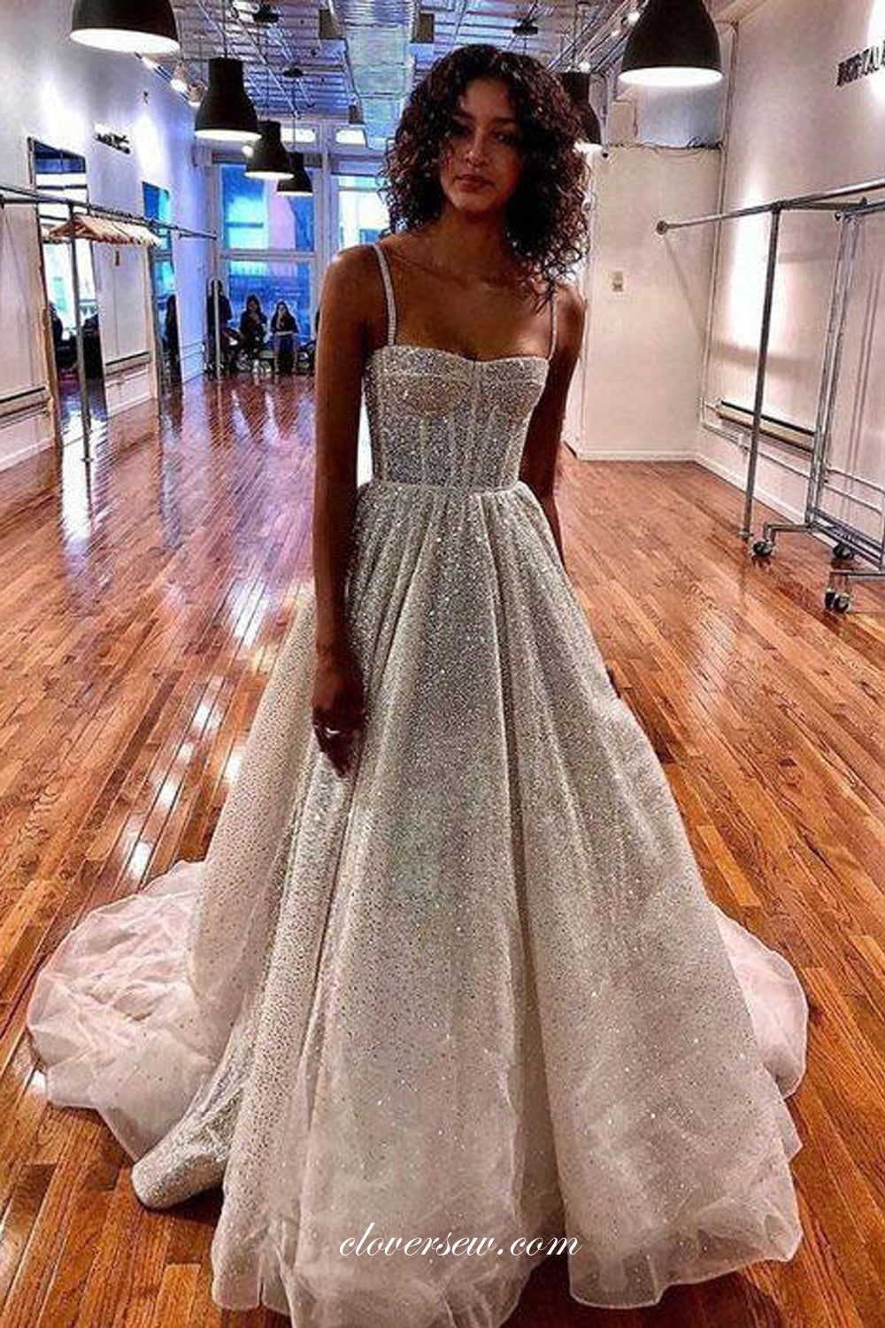 Sparkly Glitter Tulle Popular A-line Spaghetti Strap Prom Dresses, CP0851