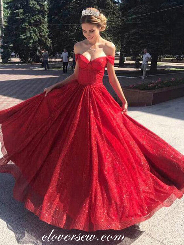 Sparkly Red Glitter Tulle Off The Shoulder A-line Prom Dresses, CP0821
