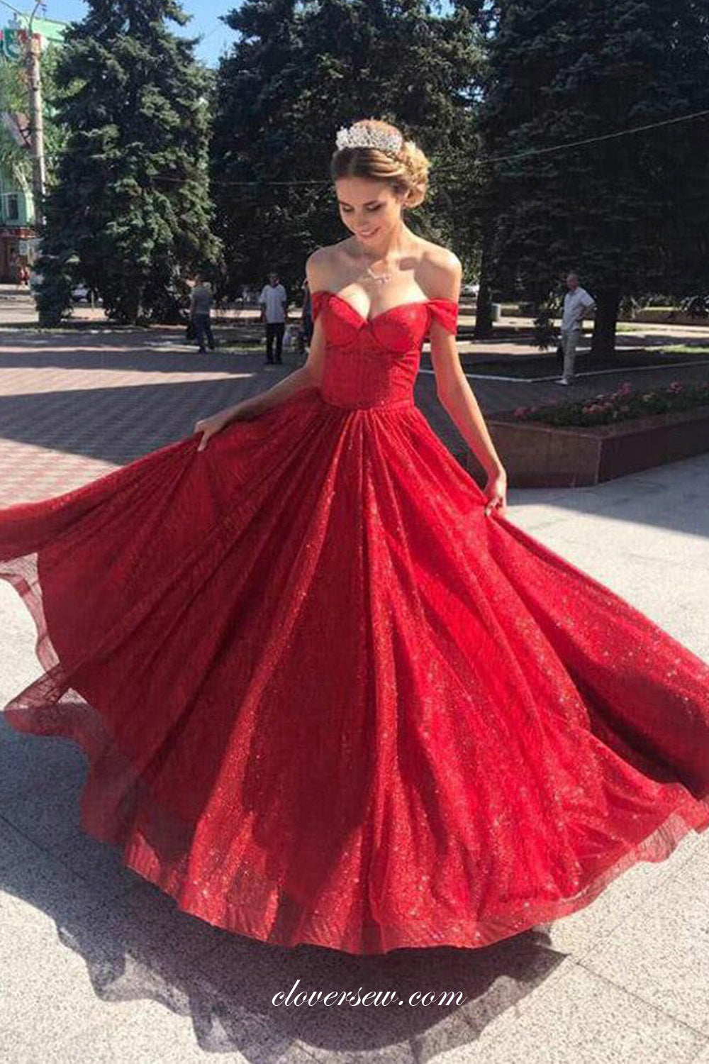 Sparkly Red Glitter Tulle Off The Shoulder A-line Prom Dresses, CP0821