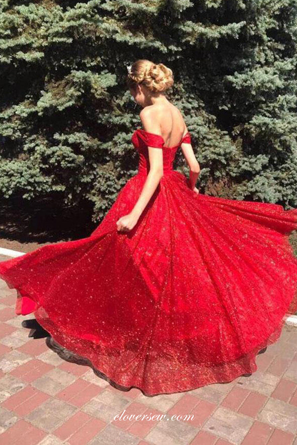 Sparkly Red Glitter Tulle Off The Shoulder A-line Prom Dresses, CP0821
