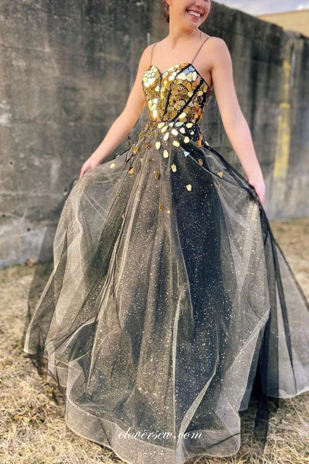 Sparkly Rhinestone Applique Spaghetti Strap Fashion Prom Dresses, CP0847