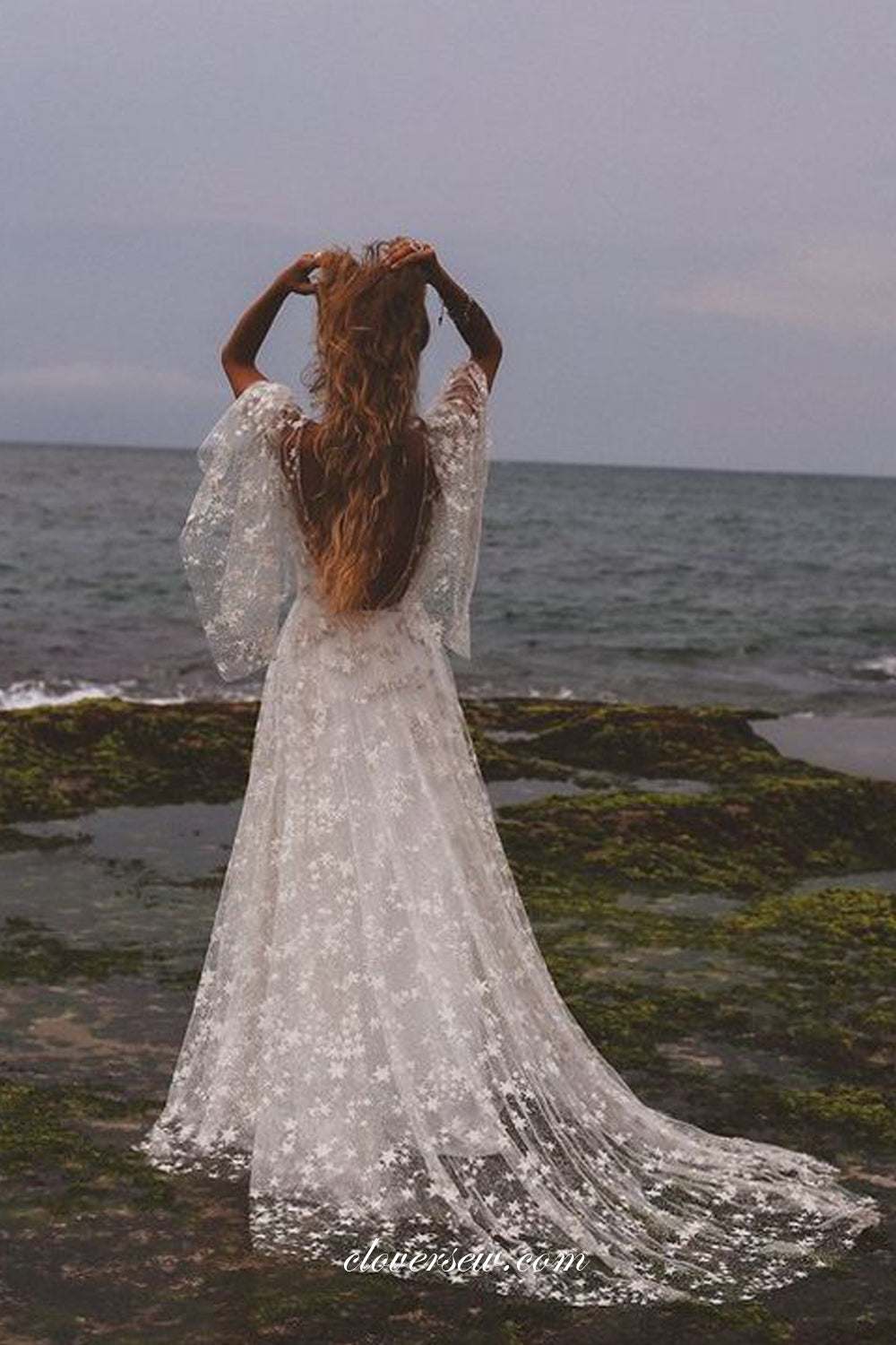 Sparkly Star Sequined Tullen Two Piece Beach Wedding Dresses, CW0301
