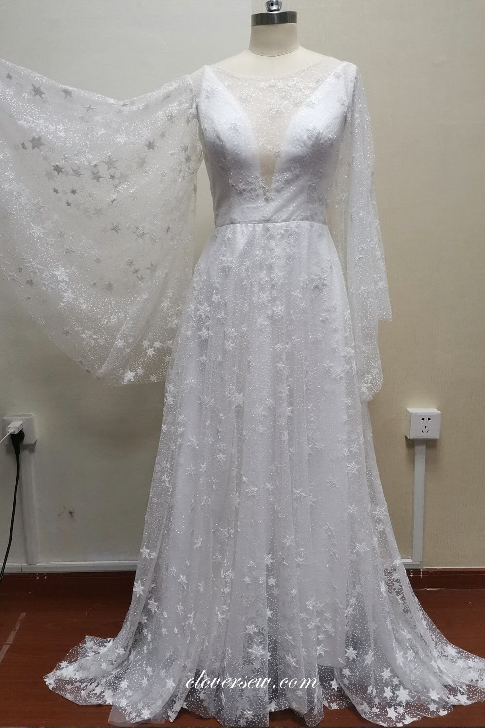 Sparkly Star Sequined Tullen Two Piece Beach Wedding Dresses, CW0301
