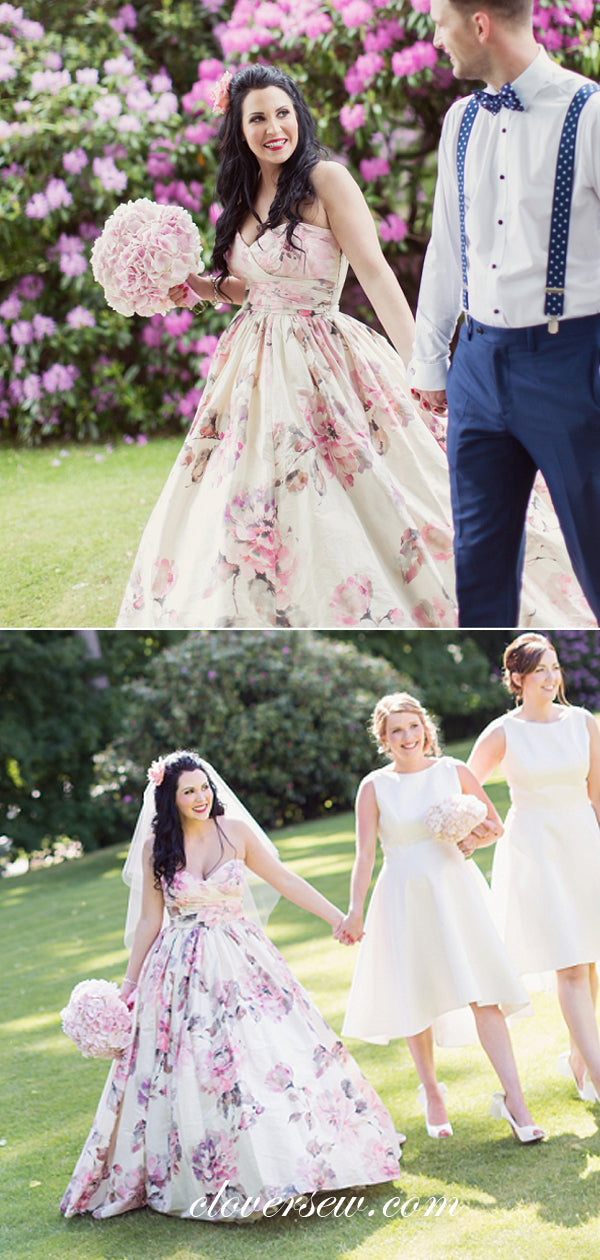 Spring Floral Satin Strapless Ball Gown Wedding Dresses, CW0057
