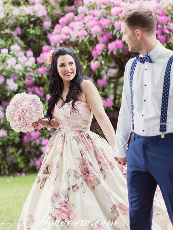 Spring Floral Satin Strapless Ball Gown Wedding Dresses, CW0057