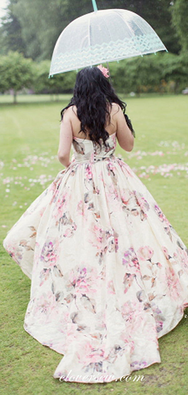 Spring Floral Satin Strapless Ball Gown Wedding Dresses, CW0057