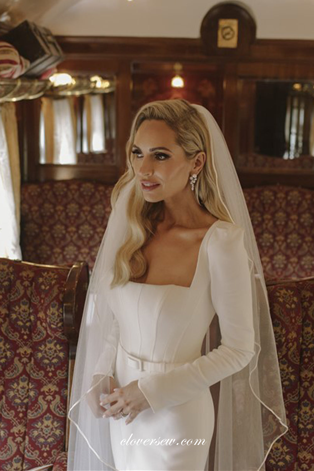 Square neck Long Sleeves Mermaid Sweep Train Vintage Wedding Dresses, CW0322