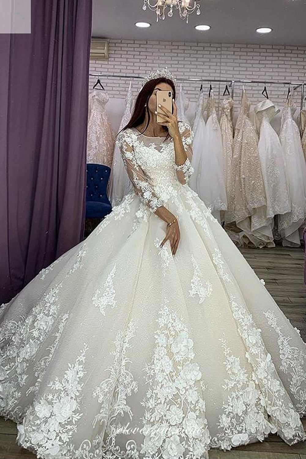 Stunning 3D Lace Applique Long Sleeves Ball Gowm Dresses, CW0239