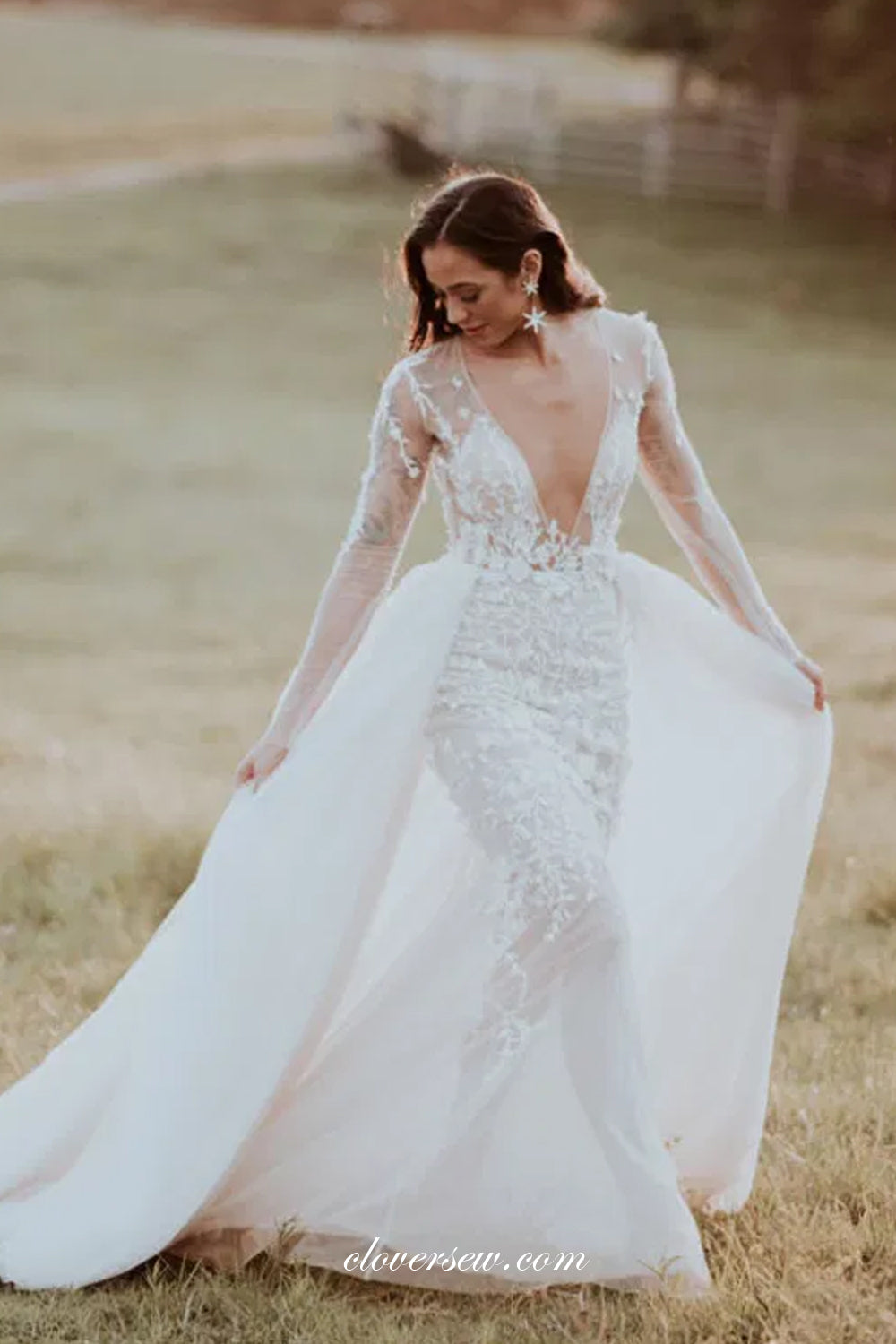 Stunning 3D Lace Long Sleeves Mermaid Dechable Train Wedding Dresses, CW0258