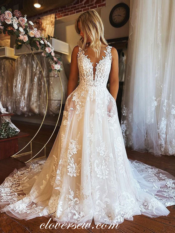 sleeveless lace wedding dress Stunning Lace Applique Sleeveless Backless Country Wedding Dresses, CW0341 US10 / As Pic