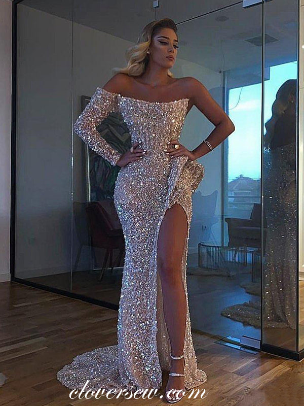 Stunning Shiny Sequin One Sleeve Sexy High Slit Formal Dresses, CP0668 clover sew Stunning Shiny Sequin One Sleeve Sexy High Slit Formal Dresses, CP0668 clover sew