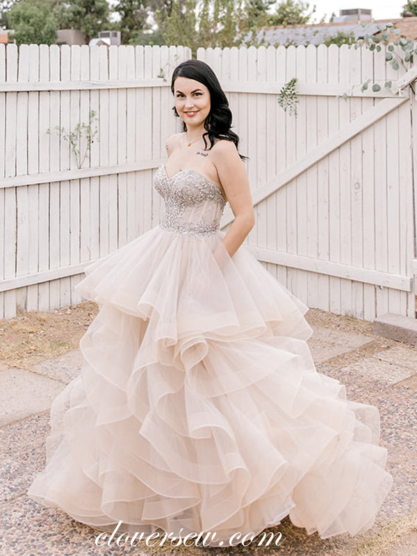 Sweetheart Strapless Pink Champagne Ruffles Beaded Tulle Wedding Dress clover sew Sweetheart Strapless Pink Champagne Ruffles Beaded Tulle Wedding Dress clover sew