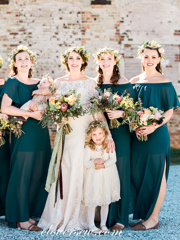 Teal Green Chiffon Off The Shoulder Side Slit Boho Bridesmaid Dresses, CB0277 US12 / As Pic Teal Green Chiffon Off The Shoulder Side Slit Boho Bridesmaid Dresses, CB0277 US12 / As Pic