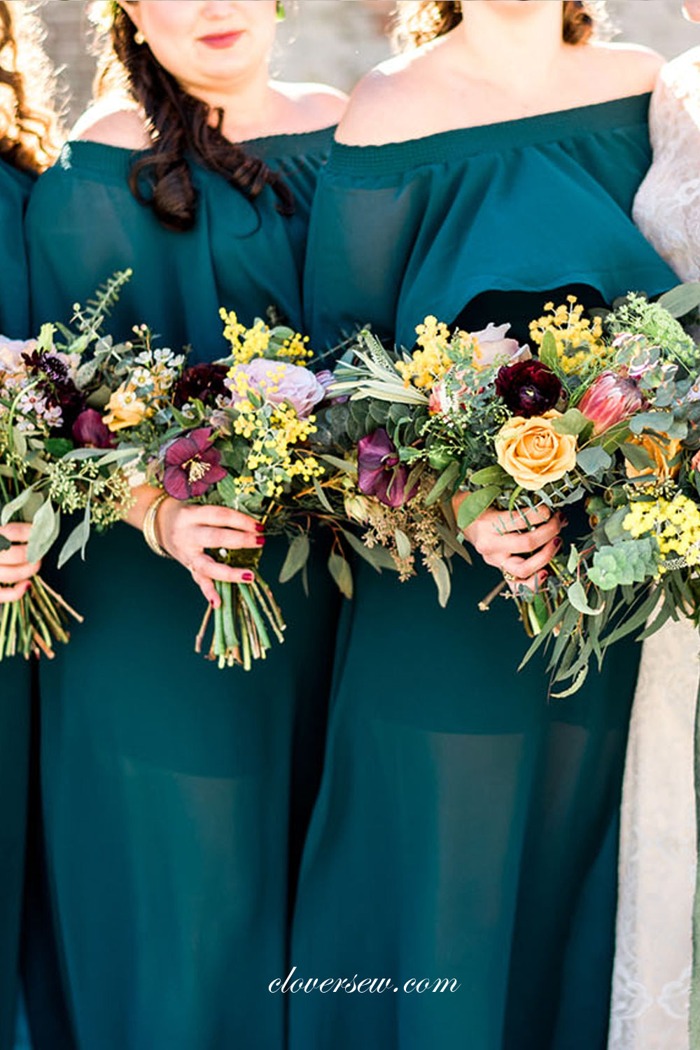 Teal Green Chiffon Off The Shoulder Side Slit Boho Bridesmaid Dresses, CB0277