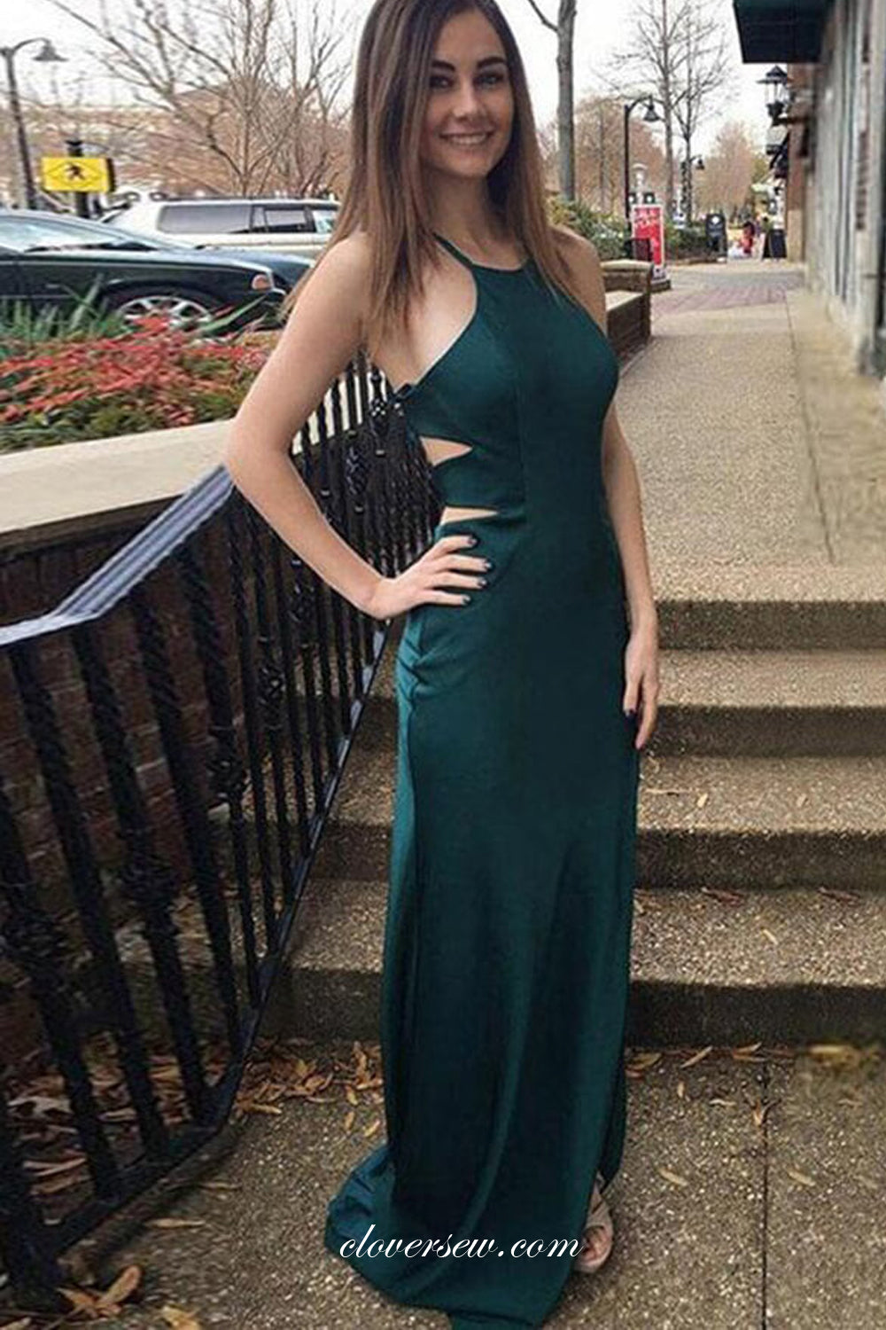 Teal Green Open Back Column Fashion Prom Dresses, CP0816