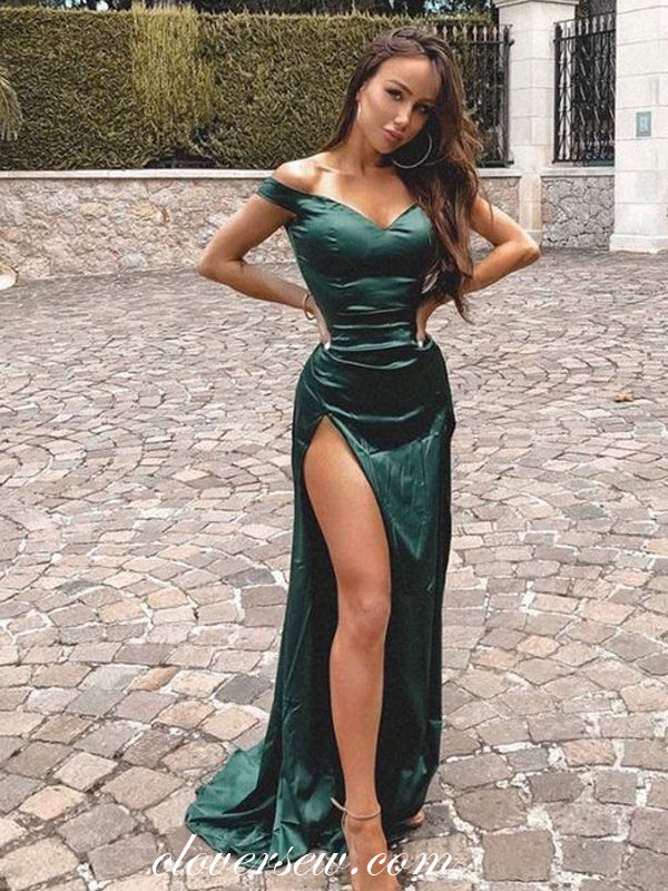 Teal Green Satin Off The Shoulder Column Side Slit Prom Dresses, CP0563 US6 / Custom Color(leaving A note) Teal Green Satin Off The Shoulder Column Side Slit Prom Dresses, CP0563 US6 / Custom Color(leaving A note)