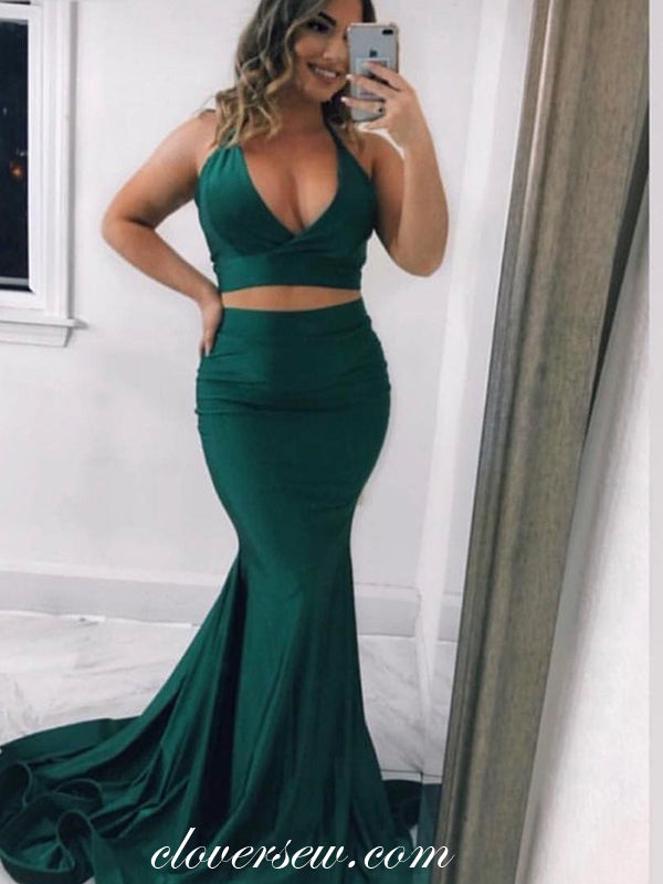 Teal Jersey Two Piece Halter Mermaid Prom Dresses,CP0376 clover sew Teal Jersey Two Piece Halter Mermaid Prom Dresses,CP0376 clover sew