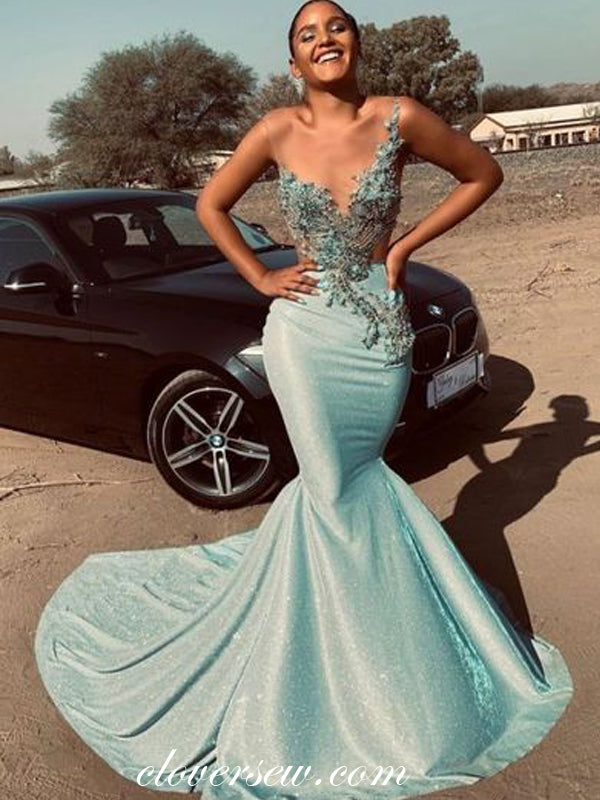 Tiffany Blue 3D Applique Illusion Neckline Mermaid Prom Dresses, CP0537 Tiffany Blue 3D Applique Illusion Neckline Mermaid Prom Dresses, CP0537