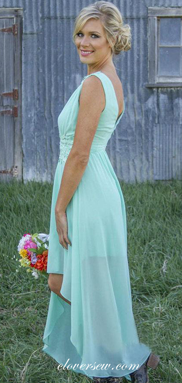 Tiffany Blue Chiffon Applique High Low Bridesmaid Dresses,CB0139