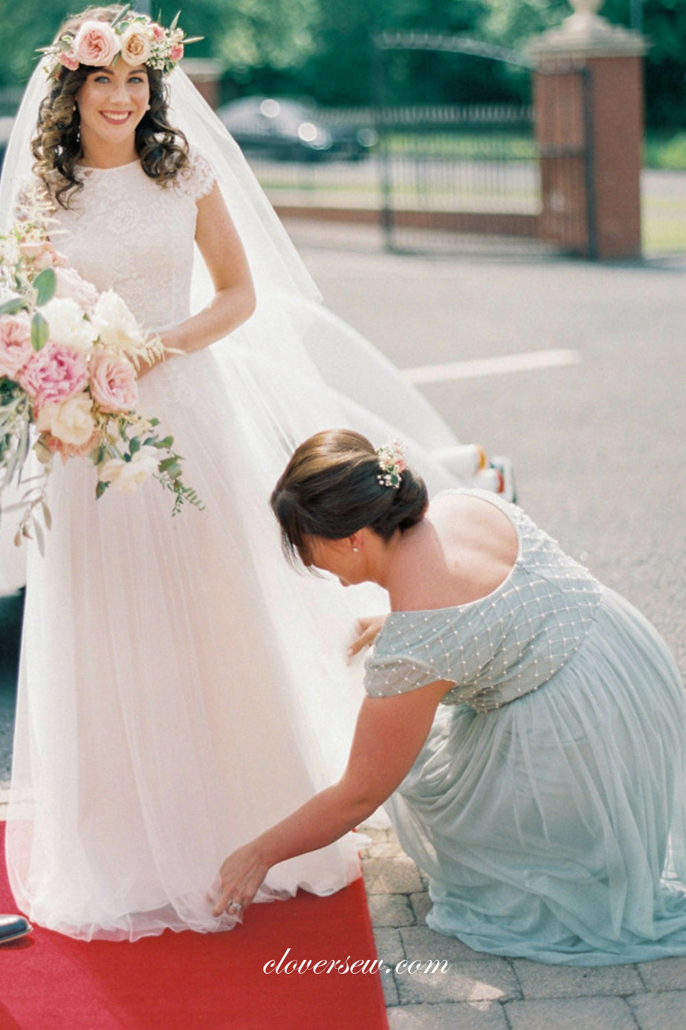 Tiffany Blue Tulle Mismatched A-line Elegant Long Bridesmaid Dresses, CB0264