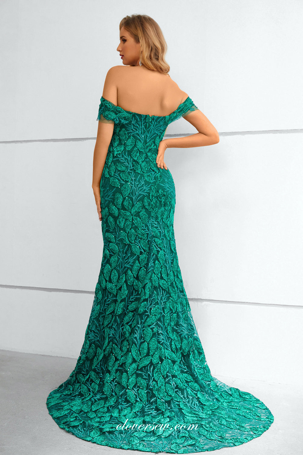 Turquoise Embroidery Lace Off The Shoulder Mermaid Elegant Prom Dresses, CP0916