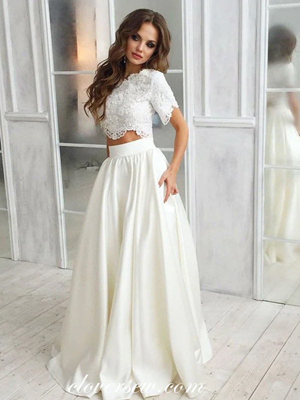 Two Piece Lace Short Sleeves Ivory Satin A-line Wedding Dresses,CW0133 Two Piece Lace Short Sleeves Ivory Satin A-line Wedding Dresses,CW0133