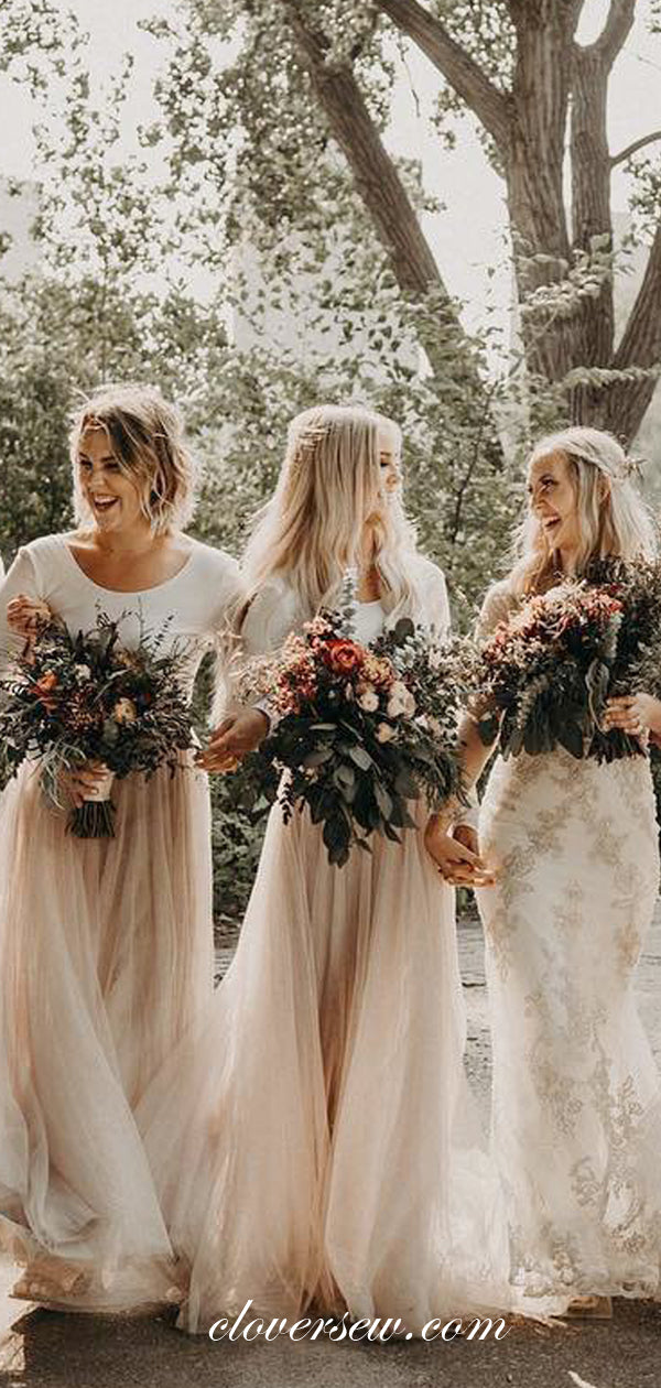Two Piece Long Sleeves Tulle Popular Bridesmaid Dresses, CB0207
