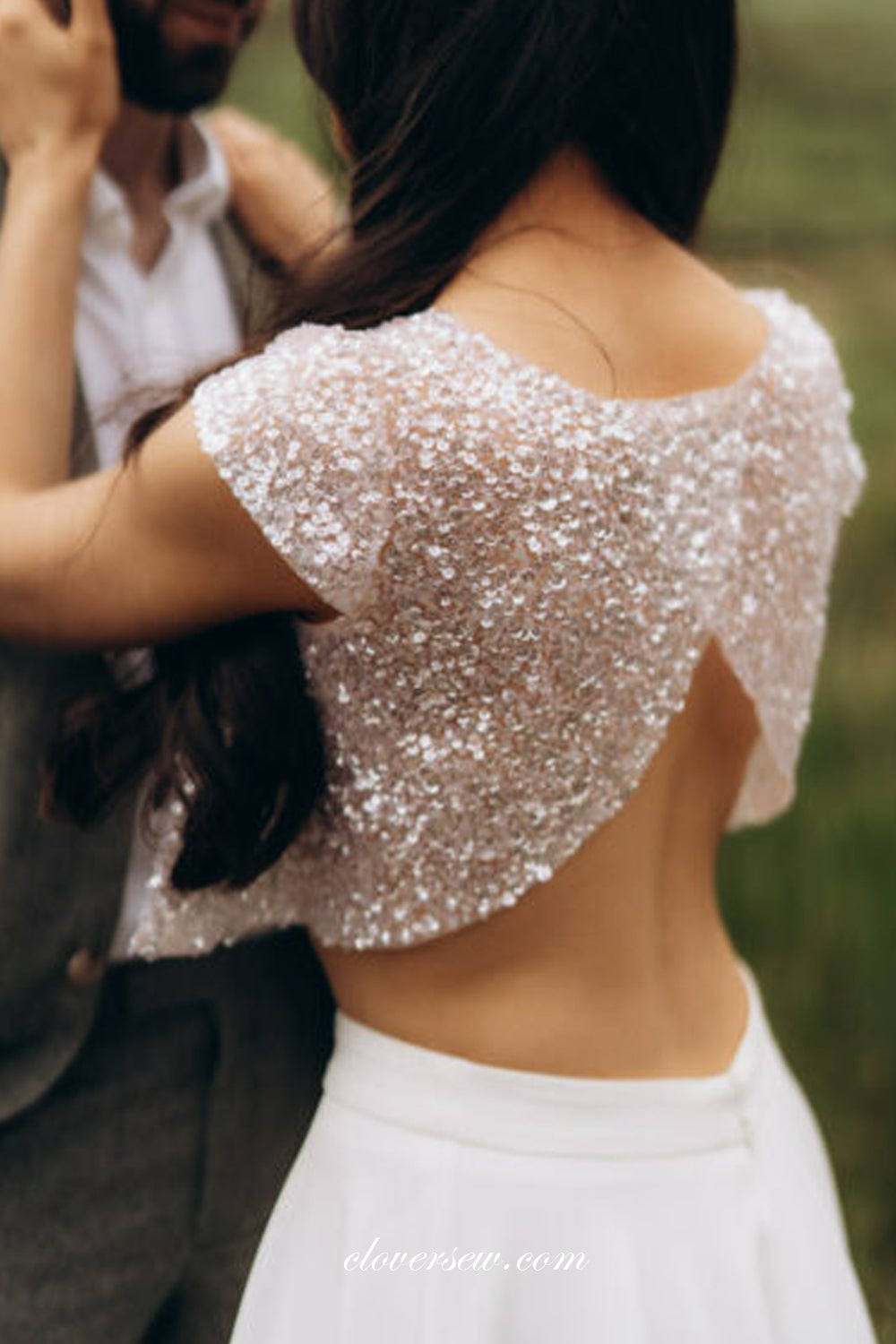 Two Pieces Sequin Top White Satin A-line Wedding Dresses, CW0317
