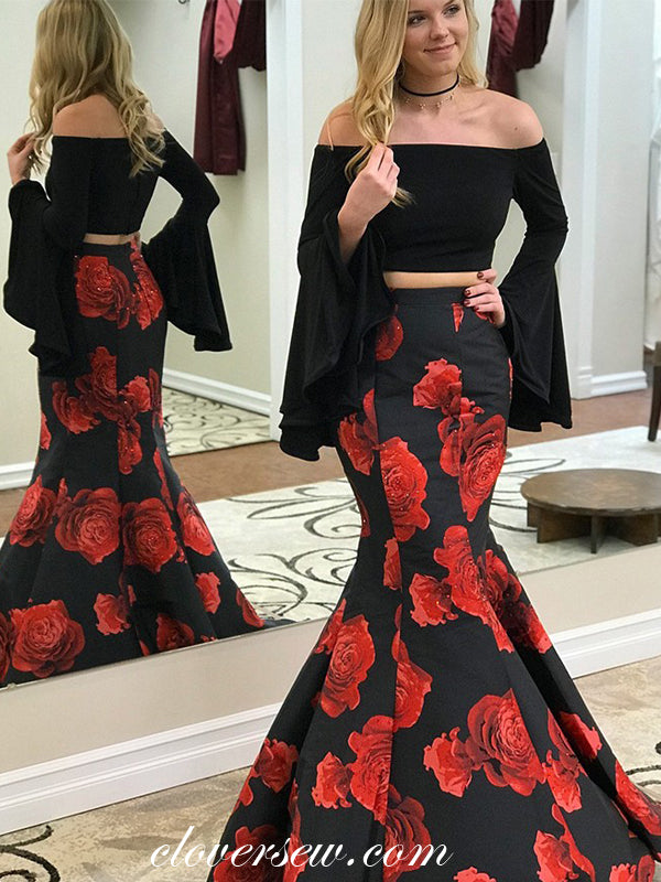 Two Piece Black Red Floral Satin Long Sleeves Mermaid Prom Dresses, CP clover sew Two Piece Black Red Floral Satin Long Sleeves Mermaid Prom Dresses, CP clover sew