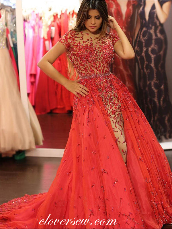 Two Piece Detachable Red Bead Short Sleeves Prom Dresses, CP0046 clover sew Two Piece Detachable Red Bead Short Sleeves Prom Dresses, CP0046 clover sew